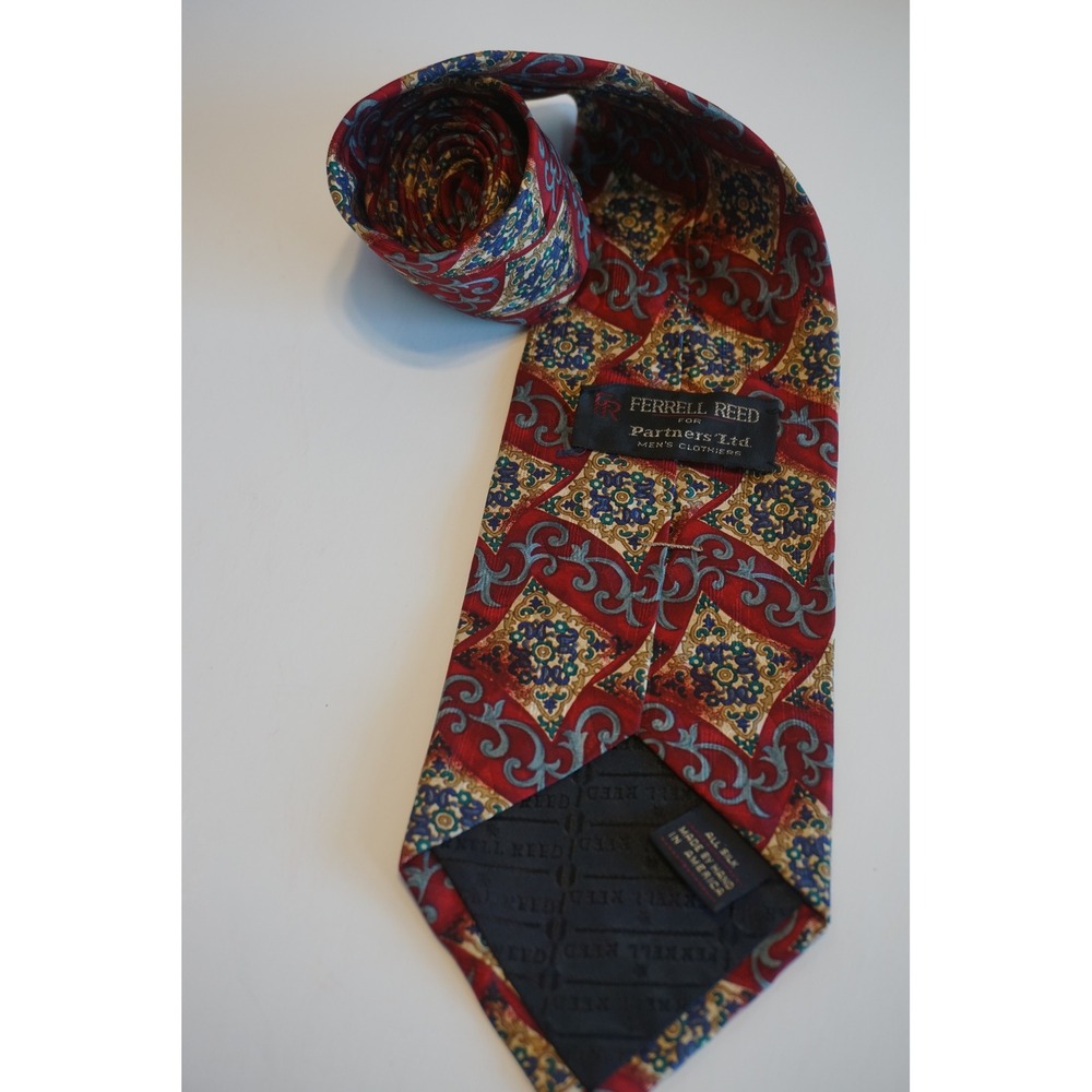 Ferrell Reed Silk Tie Red Geometric Medallion Scrollwork Handmade USA Mens